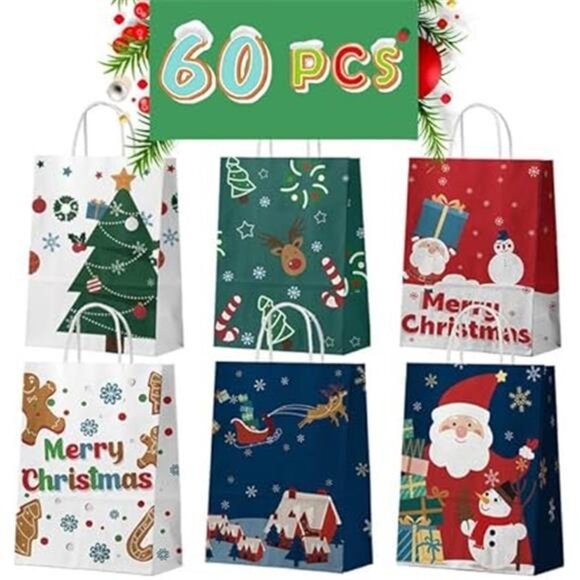 Christmas Gift Bags 60 PCS - Reusable Small Holiday Bags with Tissue, 6 Styles - Picture 2 of 8